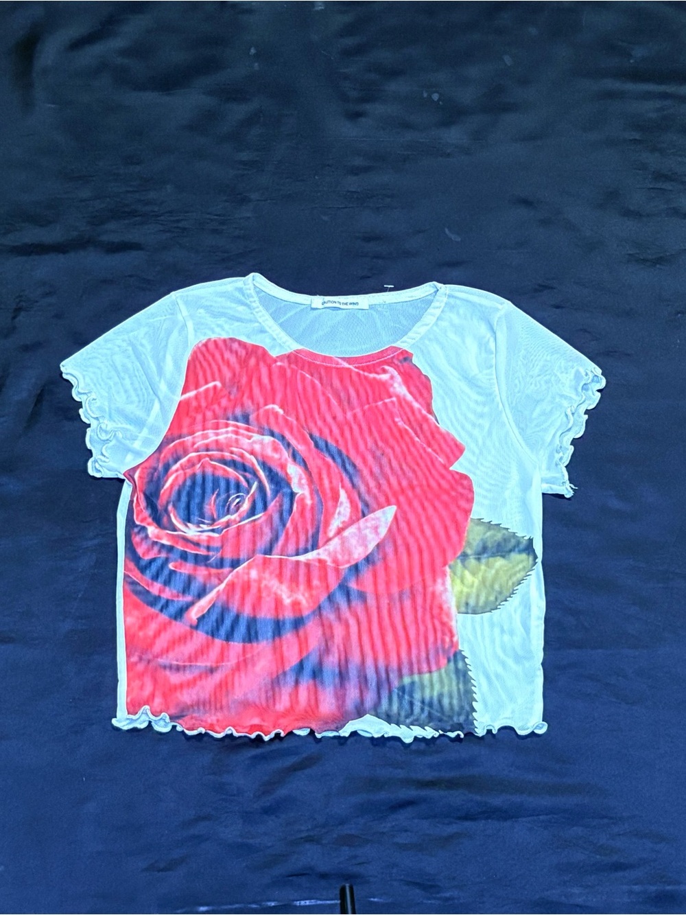 White mesh Short-Sleeve Tee with Red Rose Graphic